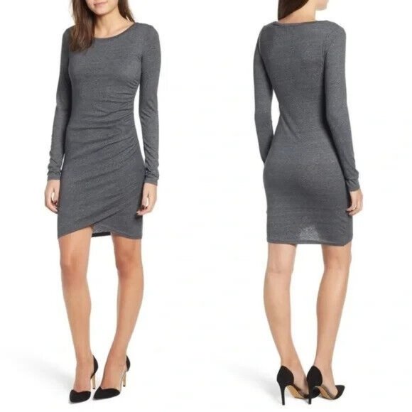Leith Dresses & Skirts - Leith Dress Ruched Bodycon Knit Gray Long Sleeve